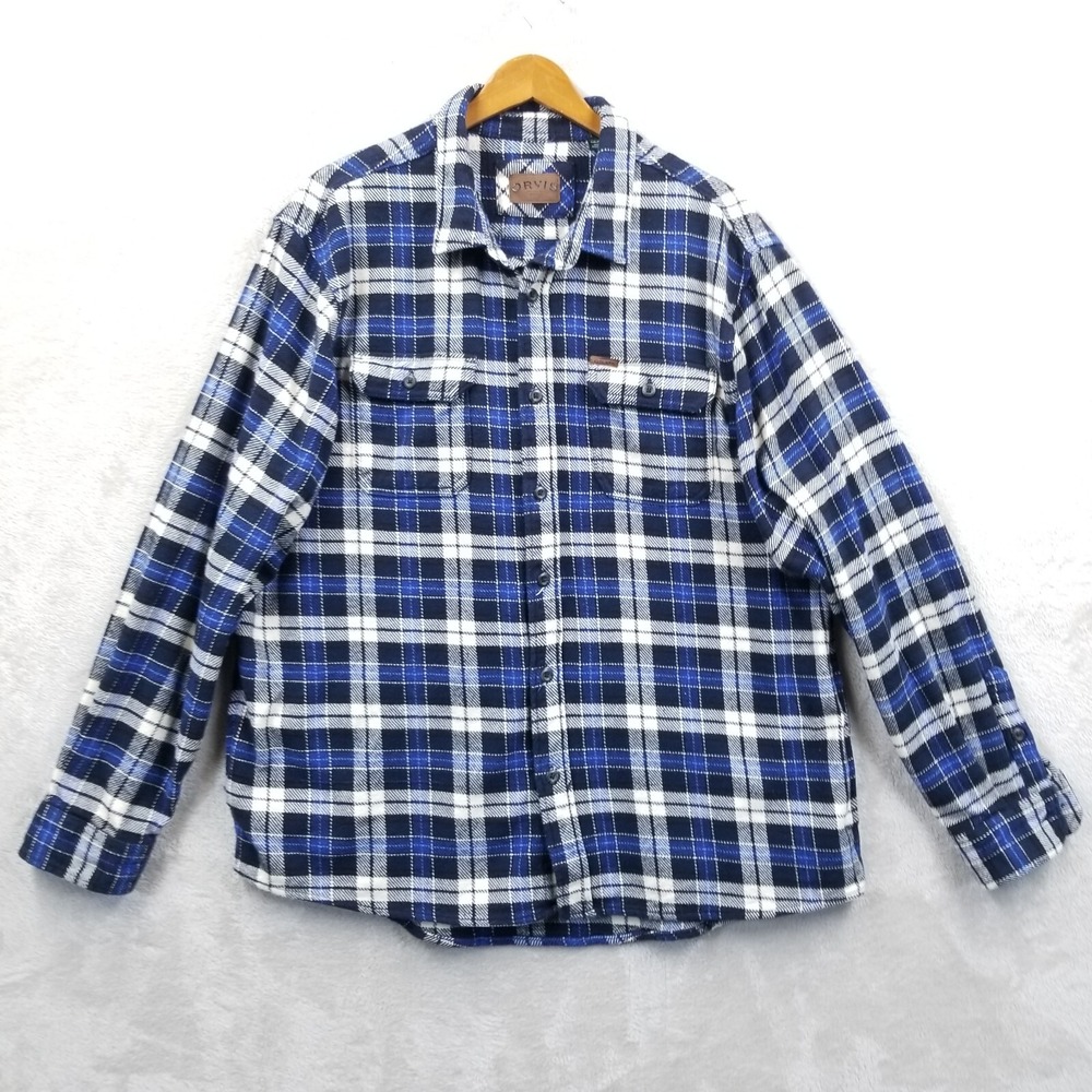 Orvis Shacket‎ Men XXL Blue Plaid Cotton Flannel Button Pockets Midweight Shirt